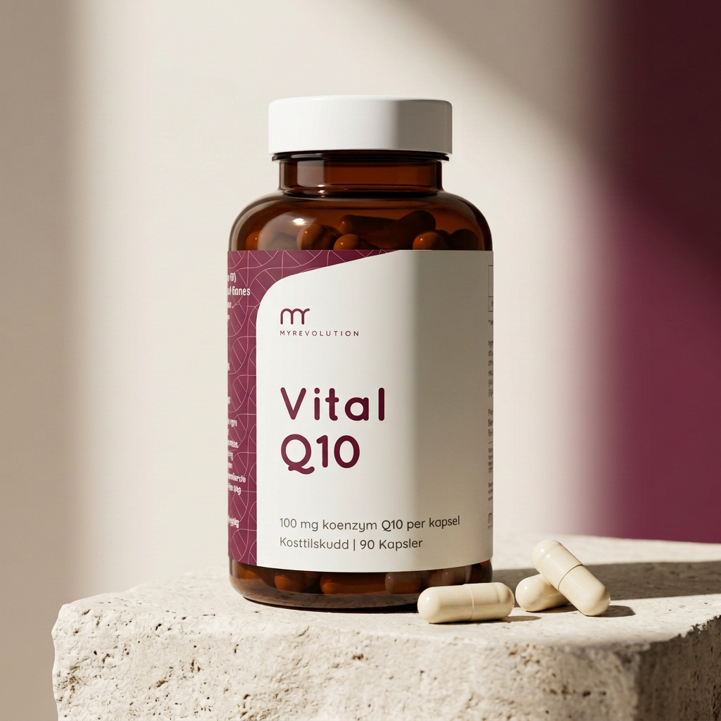 Vital Q10 på lys stein med kapsler ved siden av boksen