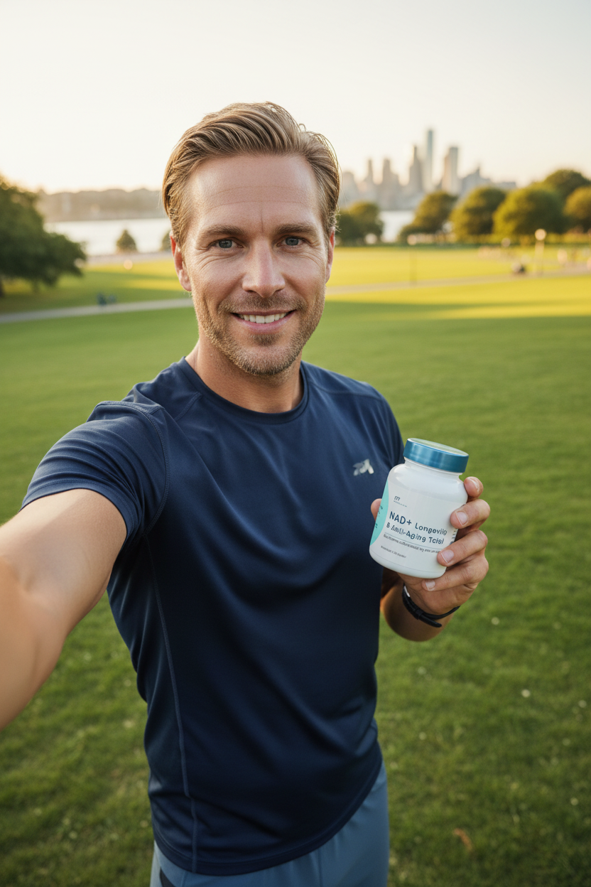 Atletisk mann utendørs-selfie med NAD+